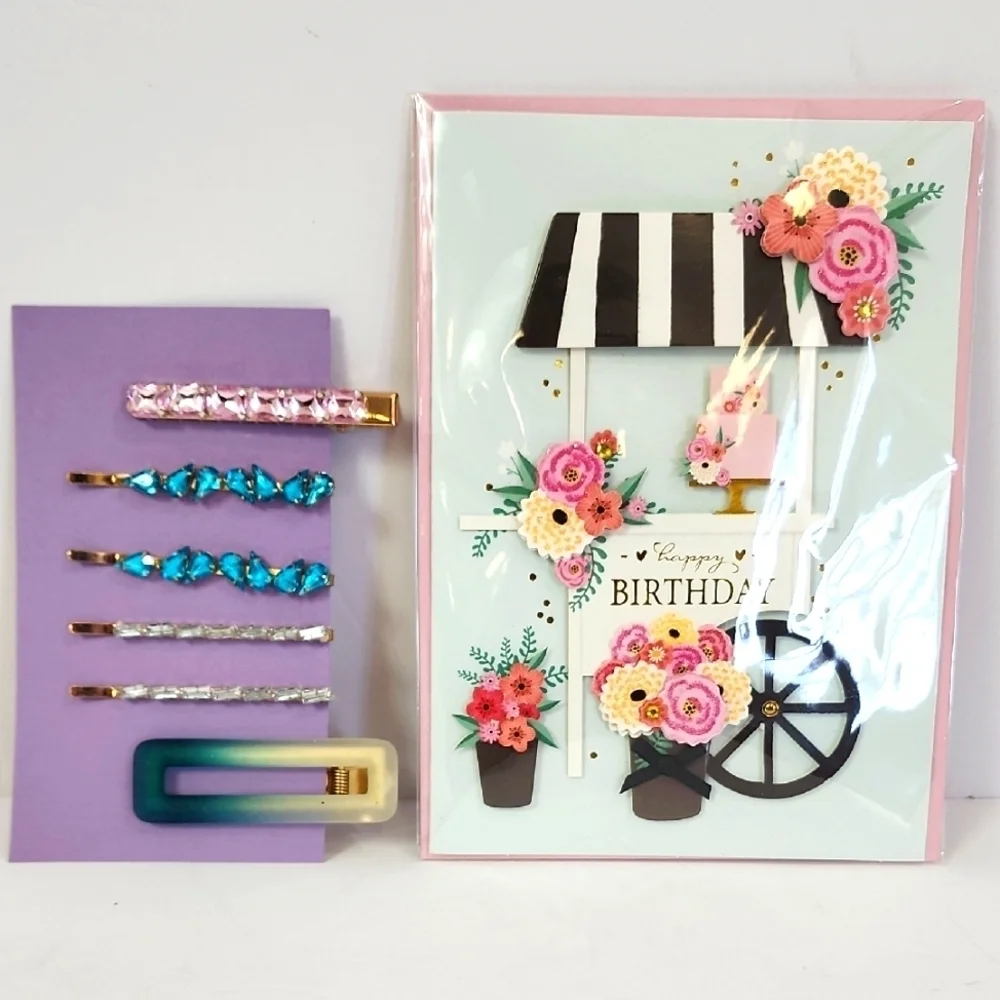 Birthday Card + Sets Of 6x (Six) Decorative Hair Clips Burgoyne KJS Industrie